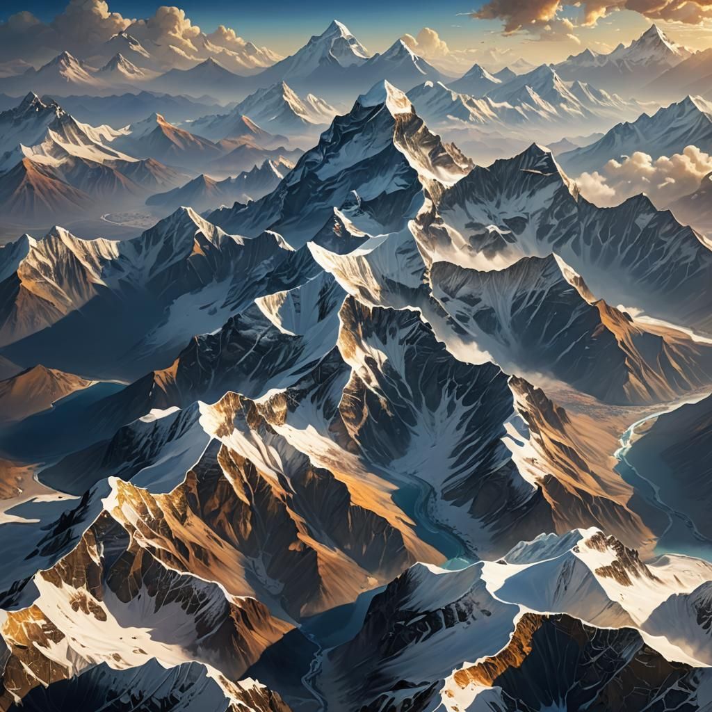 Majestic Himalayan Mountains from Above: Fantasy Concept Art