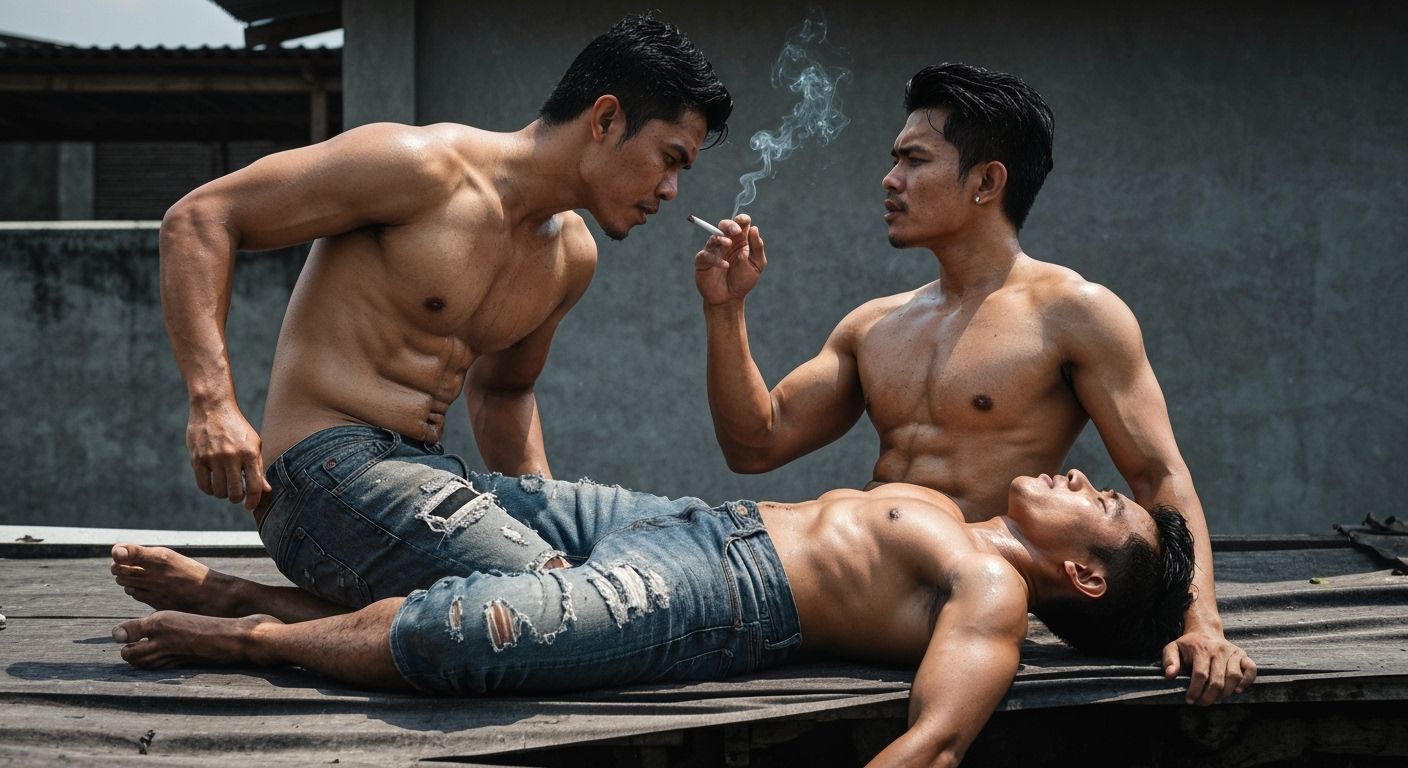 Intense Rooftop Scene: Muscular Men in Tanned Skin