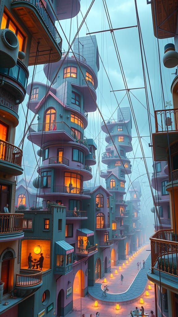Distorted image of contorted buildings connected by Marionette strings surreal weeeeee in the style of chupet and borne 