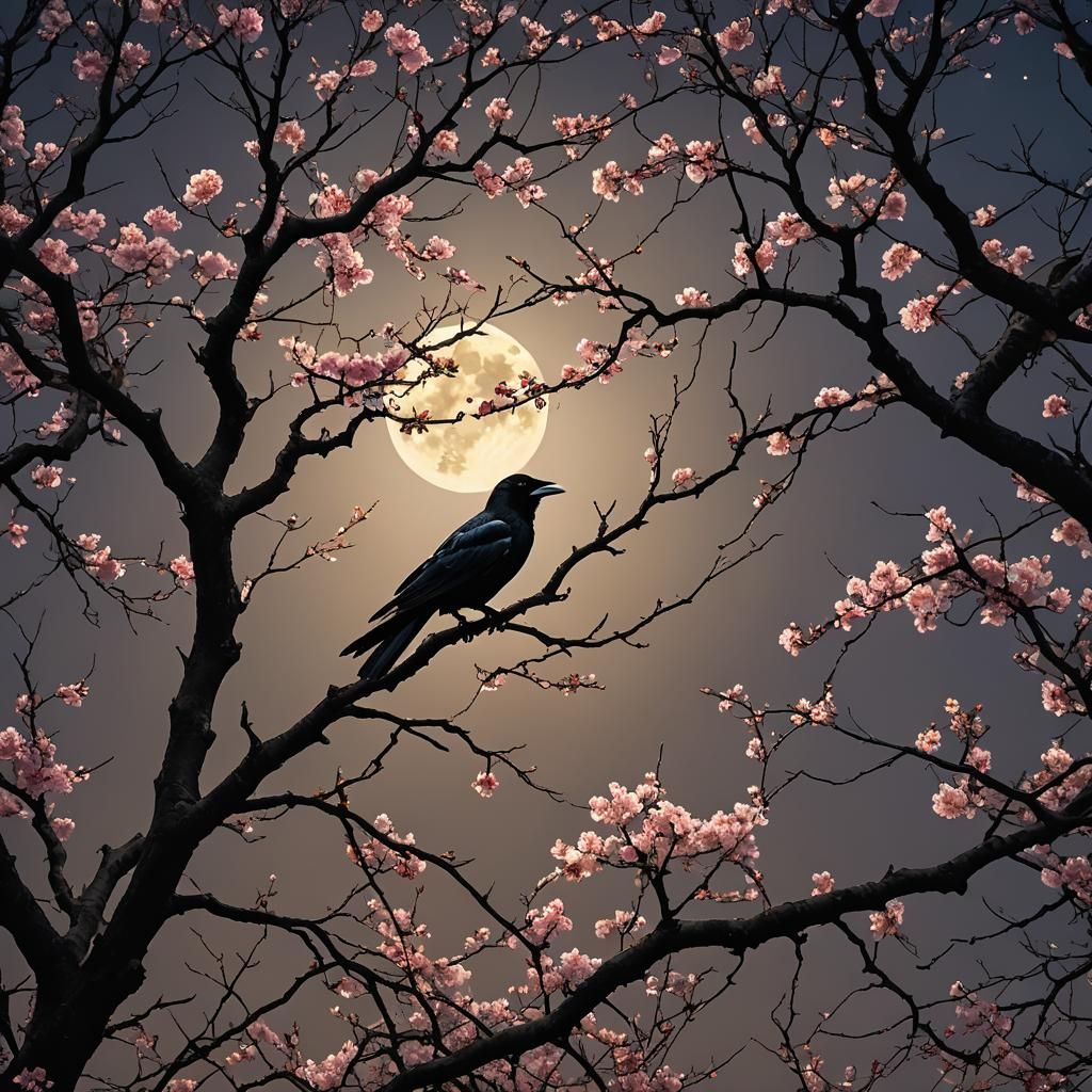 Moonlit Night Scene with Blossoms and Crows