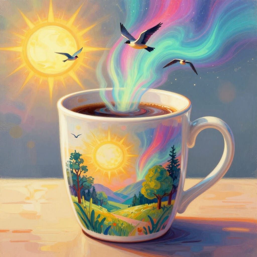 Morning Landscape Painting Flows from Overflowing Coffee Mug