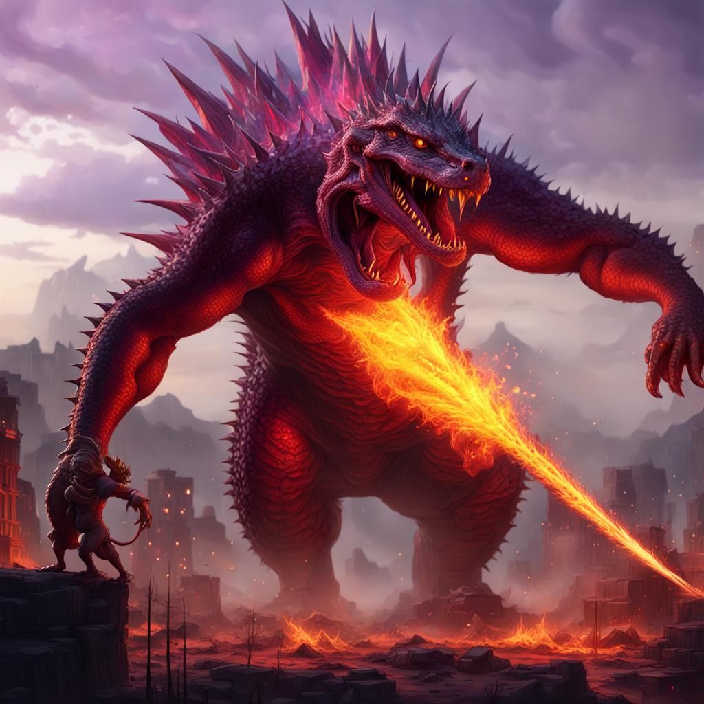 massive reptile kaiju shooting red fire with multi tip spike...