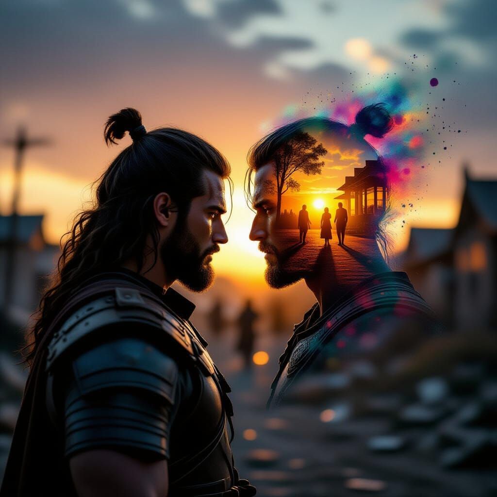 hyper realistic,
8k,
photo quality,

silhouette,
Handsome warrior,

with inside of head, a softened, blurred edge, a large image of calm, ho...