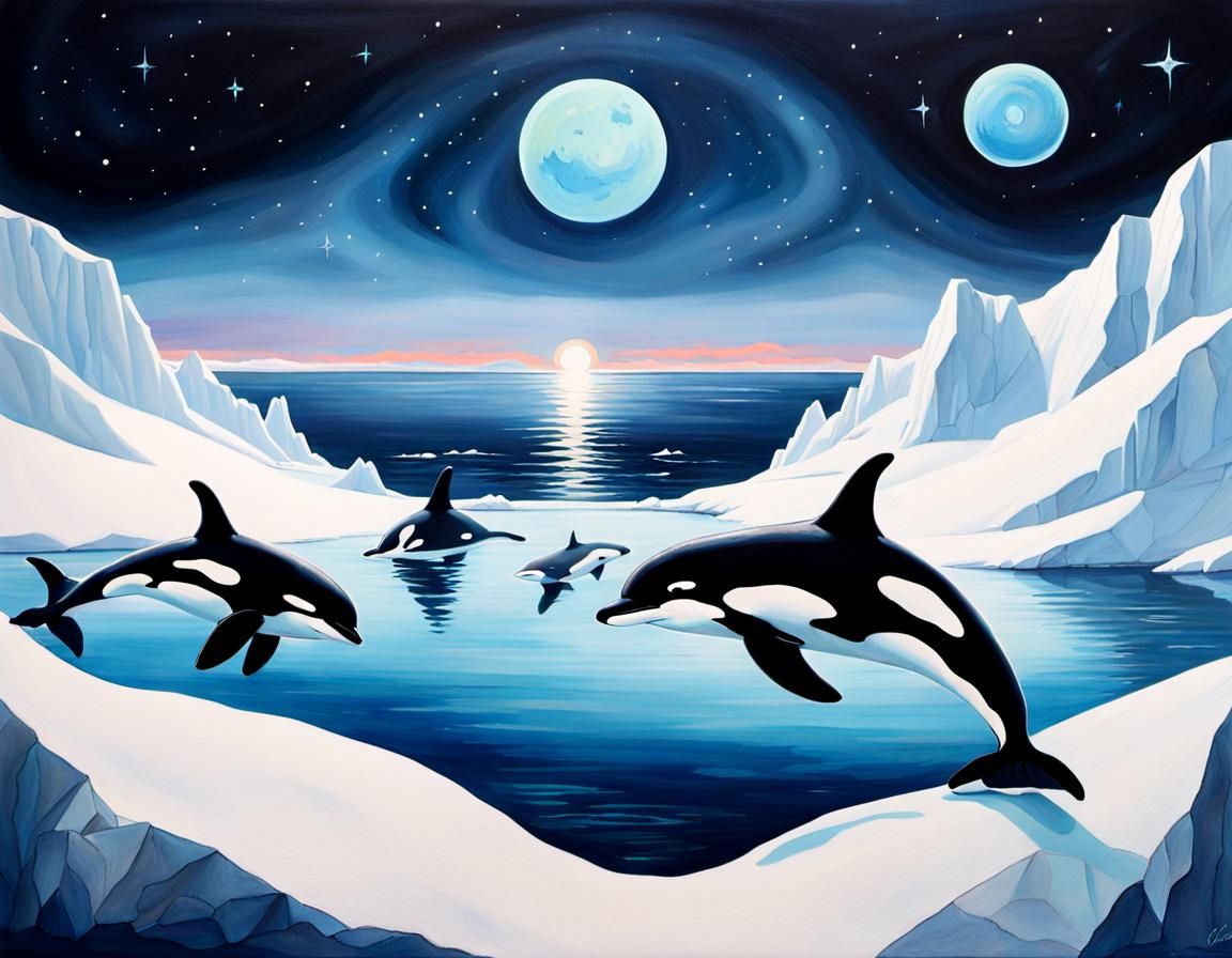 Orca Dolphins Artic Gouache Landscape Galactic Noctilucent Rule Of 