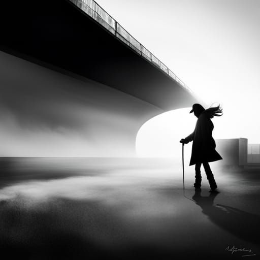 A mystery shadow-woman moving in a foggy scenery graffiti ar...