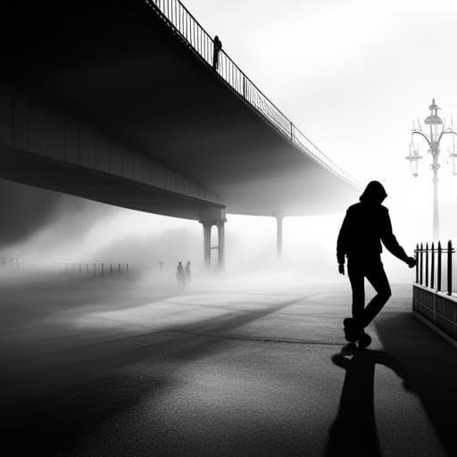 A mystery shadow-woman moving in a foggy scenery graffiti ar...