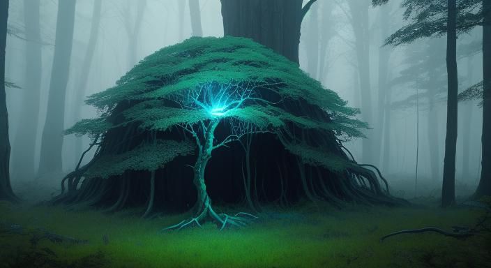 Alien with Blaster in Surrealist Forest