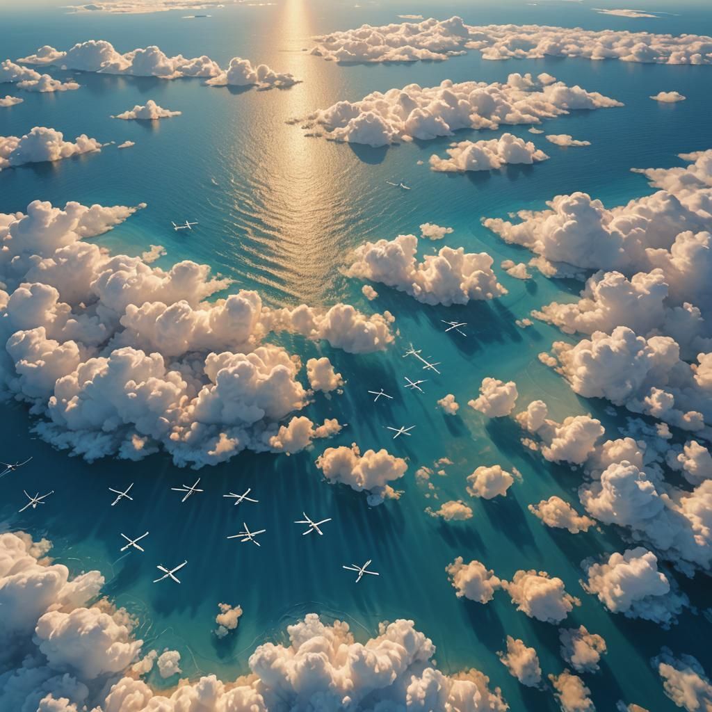 Drones Fly Above Calm Sea in Digital Art Style