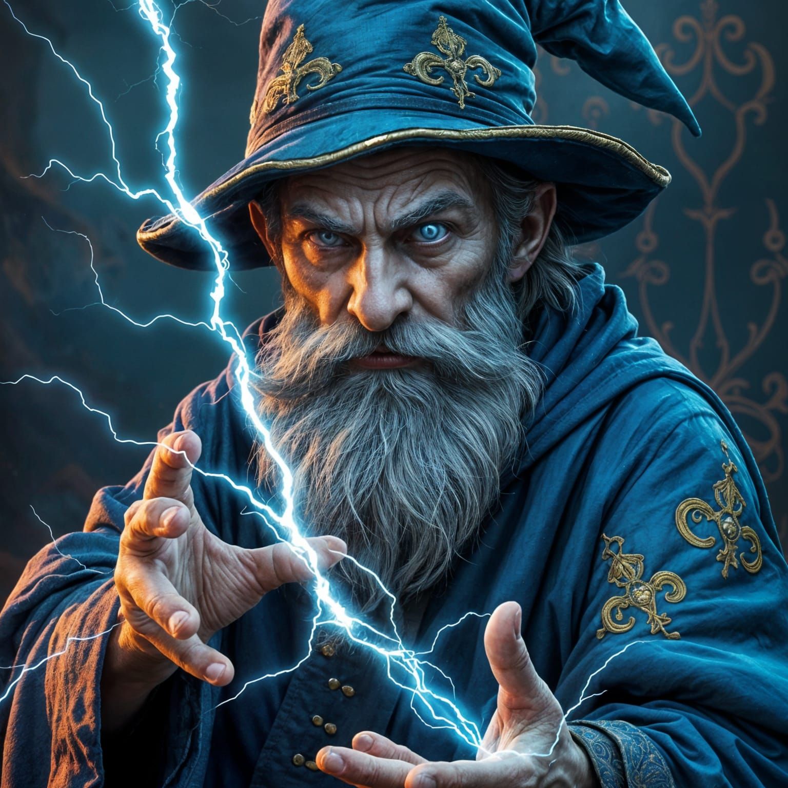 a decrepit sorcerer with a gray beard in a blue robe embroidered with the finest gold thread. in a blue ...  by @Zacharo