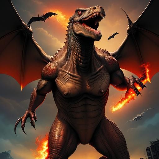monster dinosaur, legs of a tyrannosaur, arms from godzilla,...