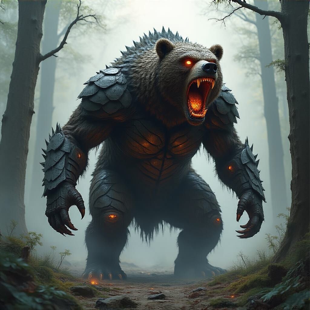 Obsidian Armored Reptilian Bear Creature in Misty Forest