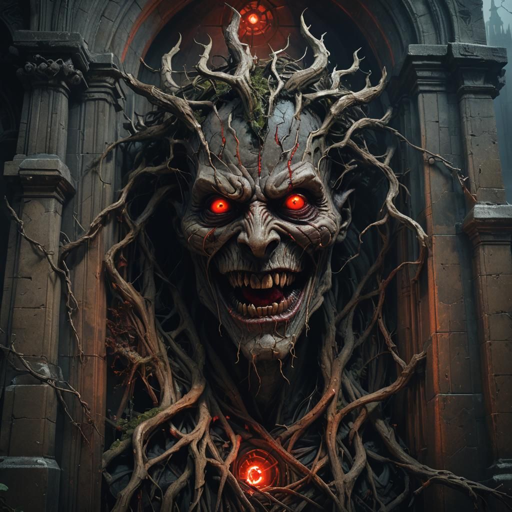 creepy smiling dark face with red eyes, realistic