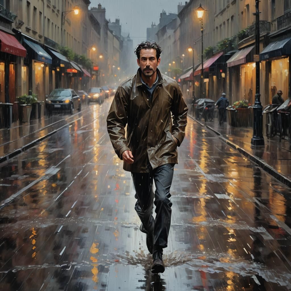 Impressionist Man Running in the Rain