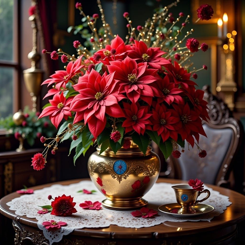 <lora:Still life Intensity:1.0> poinsettias on a christmas t...