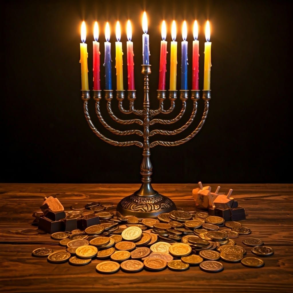 A Festive Hanukkah Scene with Intricate Wooden Menorah