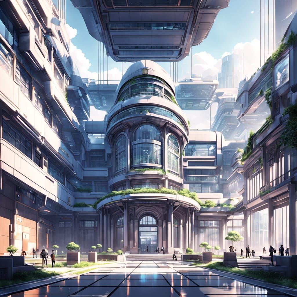 A futuristic college school campus with big courtyard and futuristic buildings