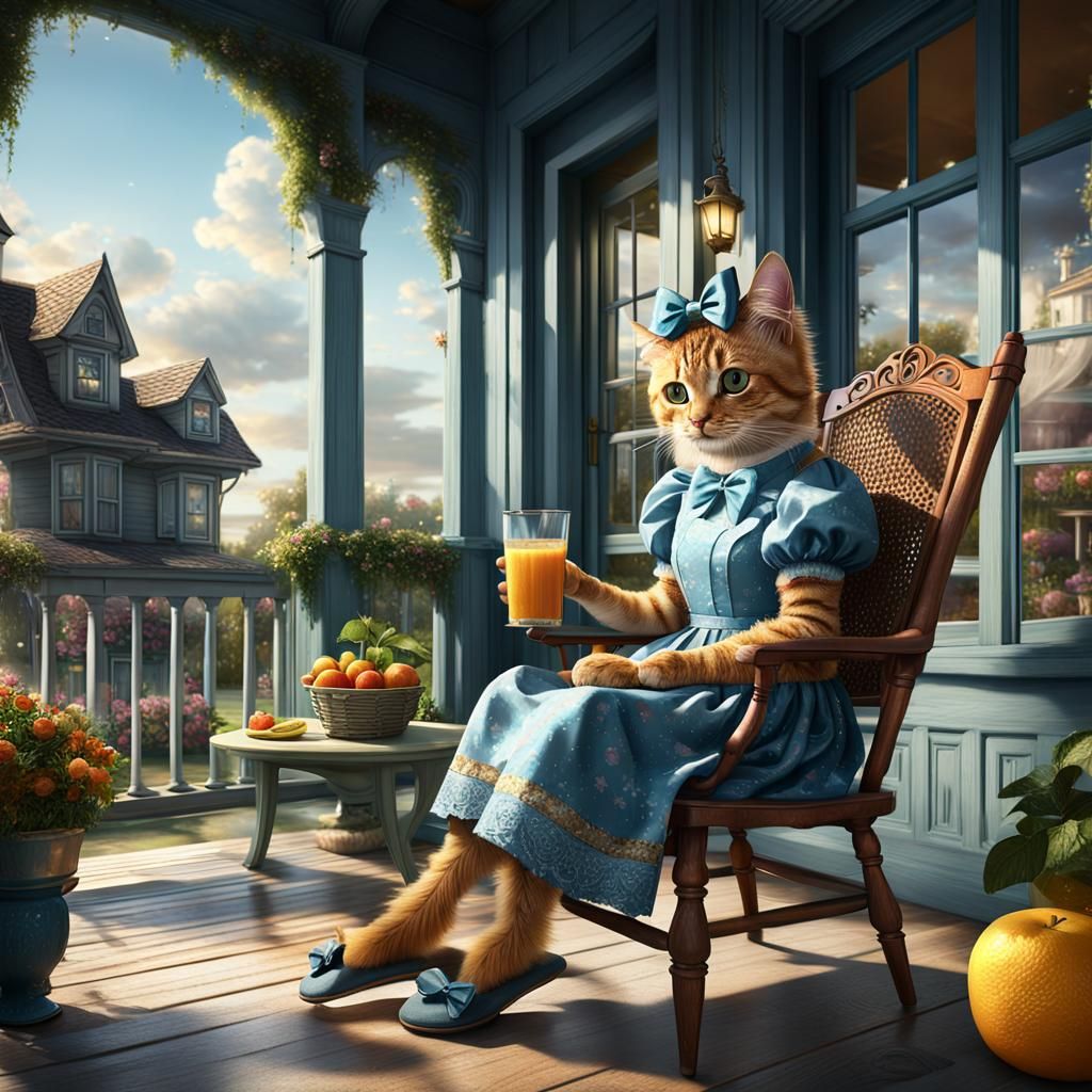 Cat wearing dress, slippers, bow in hair sitting in chair on...