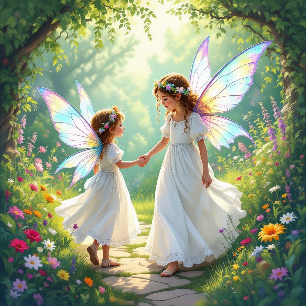 A florescent fairy leading a young girl to paradise 