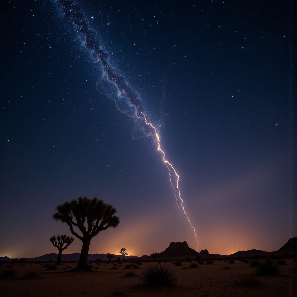 <lora:Wisps of Glow:1.0> Meteor Shower in a Desert: Shooting stars streak across a dark desert sky.