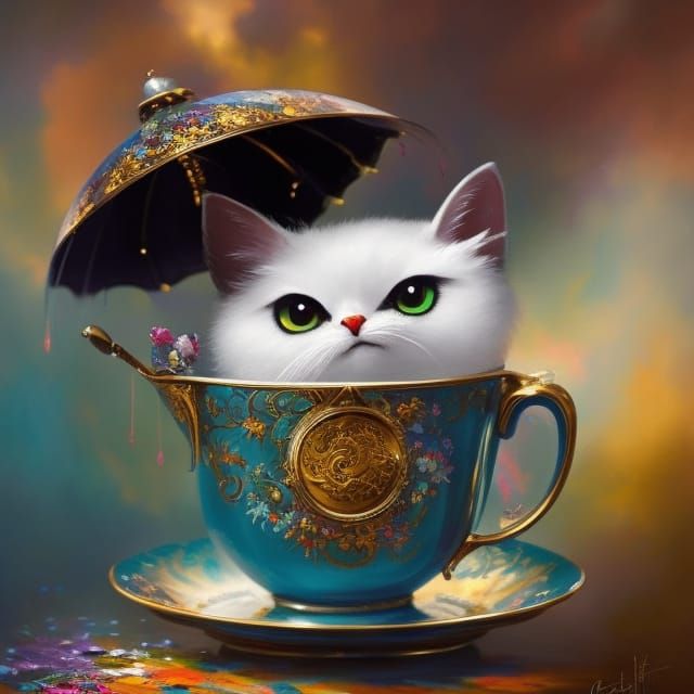 portrait of a cute anthropomorphic baby CAT at a tea party, in a teacup, teacup, Speedpaint_with_large_brush_strokes_and ...  by @CaNFeDa