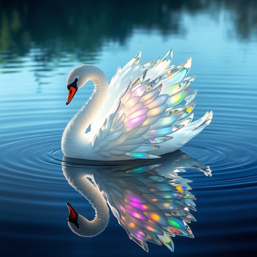 graceful swan with feathers made of glass, catching the rainbows  by @Qu