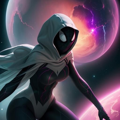 Spider-Gwen, with hood and mask, depicted as a colossal gian...
