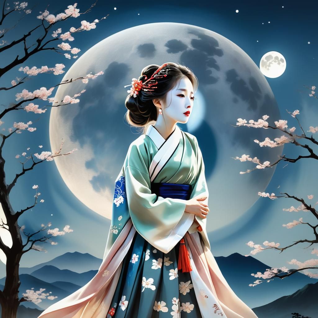 Serene Woman Under Moonlight: A Surreal Ukiyo-e Dream