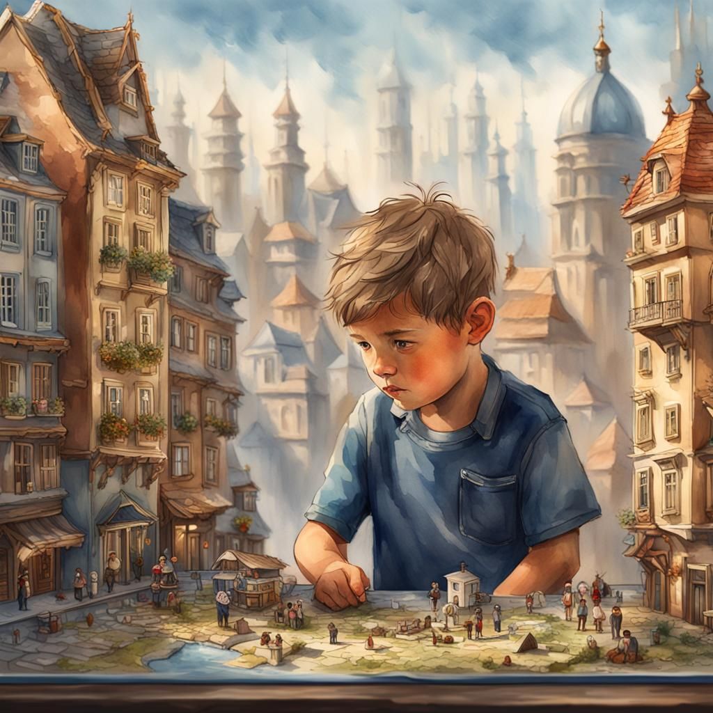 cute 6 year old boy looking on the miniature European city m...