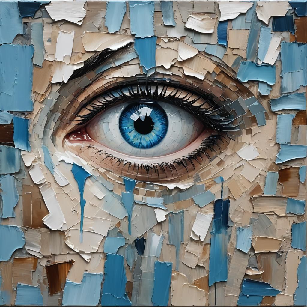 painting of a beautiful blue eye, heavily pixelated, cracked...