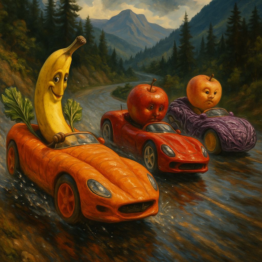 Vegetable Car Race in the Style of Salvador Dali