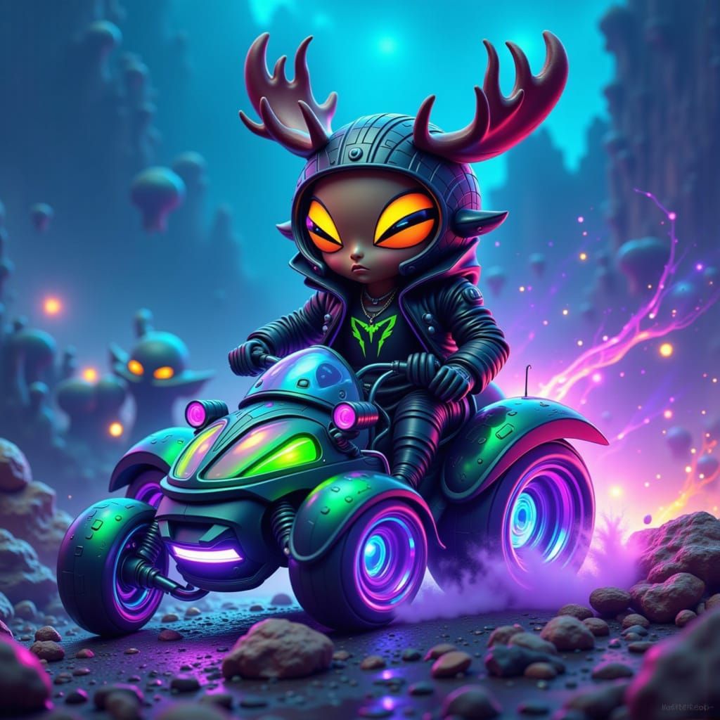 A furious, chibi Moose alien with fluffy, furry, feathery features, large sparkling eyes, and a dynamic, exaggerated facial expression, clad...