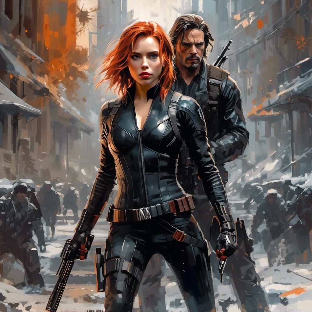 Young Scarlett Johansson as Black Widow, black leather outfi...