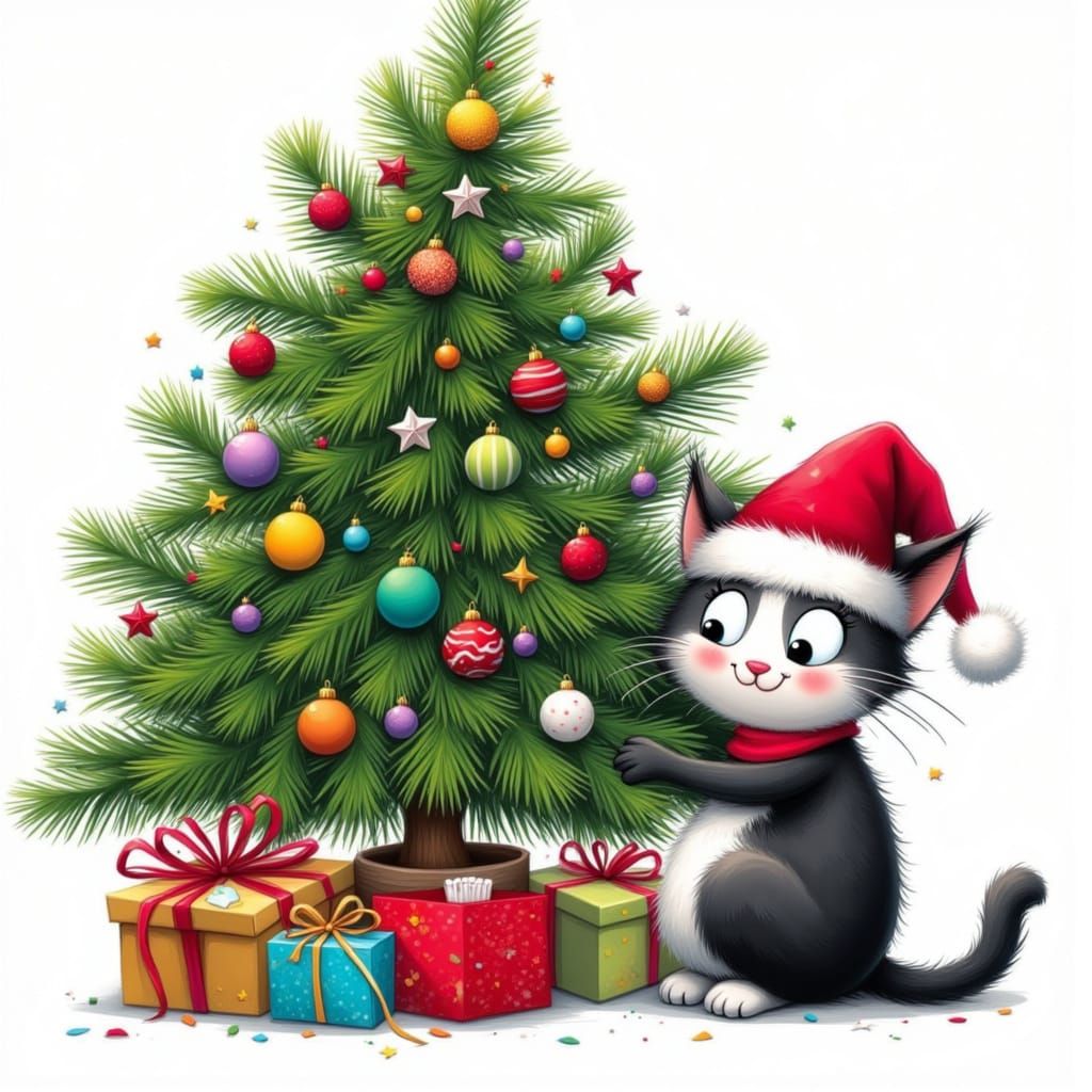 Cheeky Cat Hides From Santa Under Christmas Tree in Cartoon ...