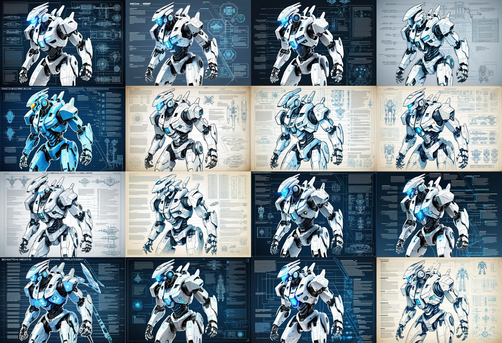 blueprints schematics of A futuristic mecha robot with multiple levels ...