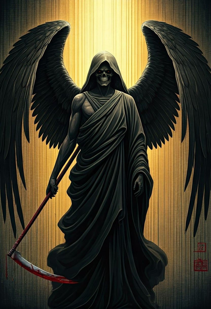 The dark angel of death with large black feathery wings holding a bloody sharp scythe, Ukiyo-e painting ...  by @Summerchild