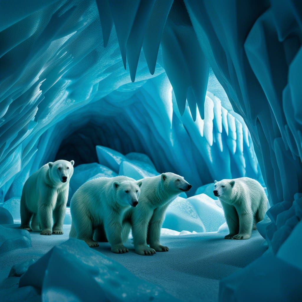 a blue ice cave with polar bears in the Arctic. Main Colors: Glacier blue and arctic blue.  by @Bunnzo332
