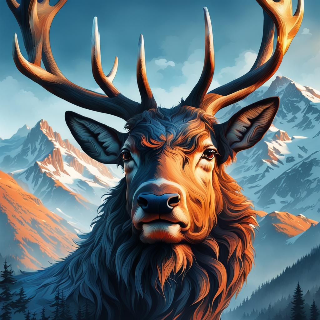 Majestic Stag Double Exposure Swiss Mountains