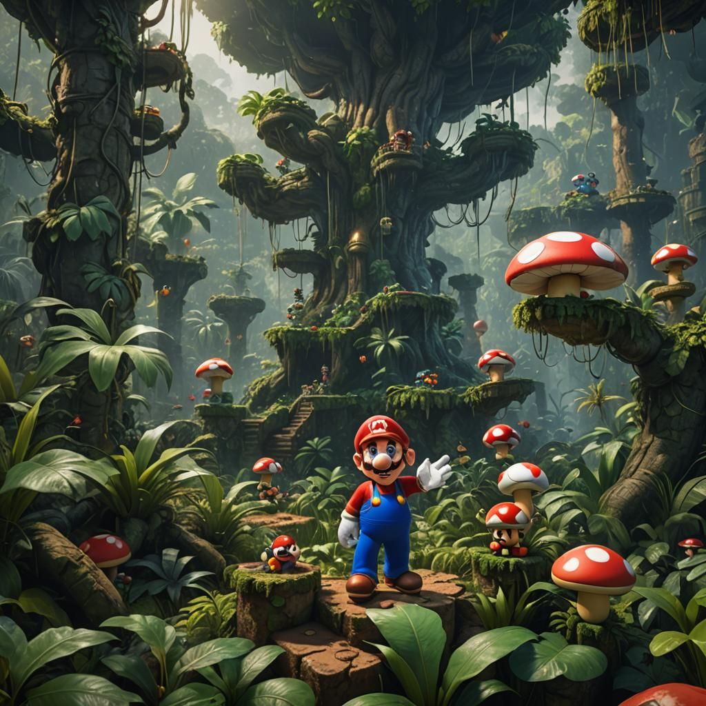 mario being confused and like where am i  in the jungle