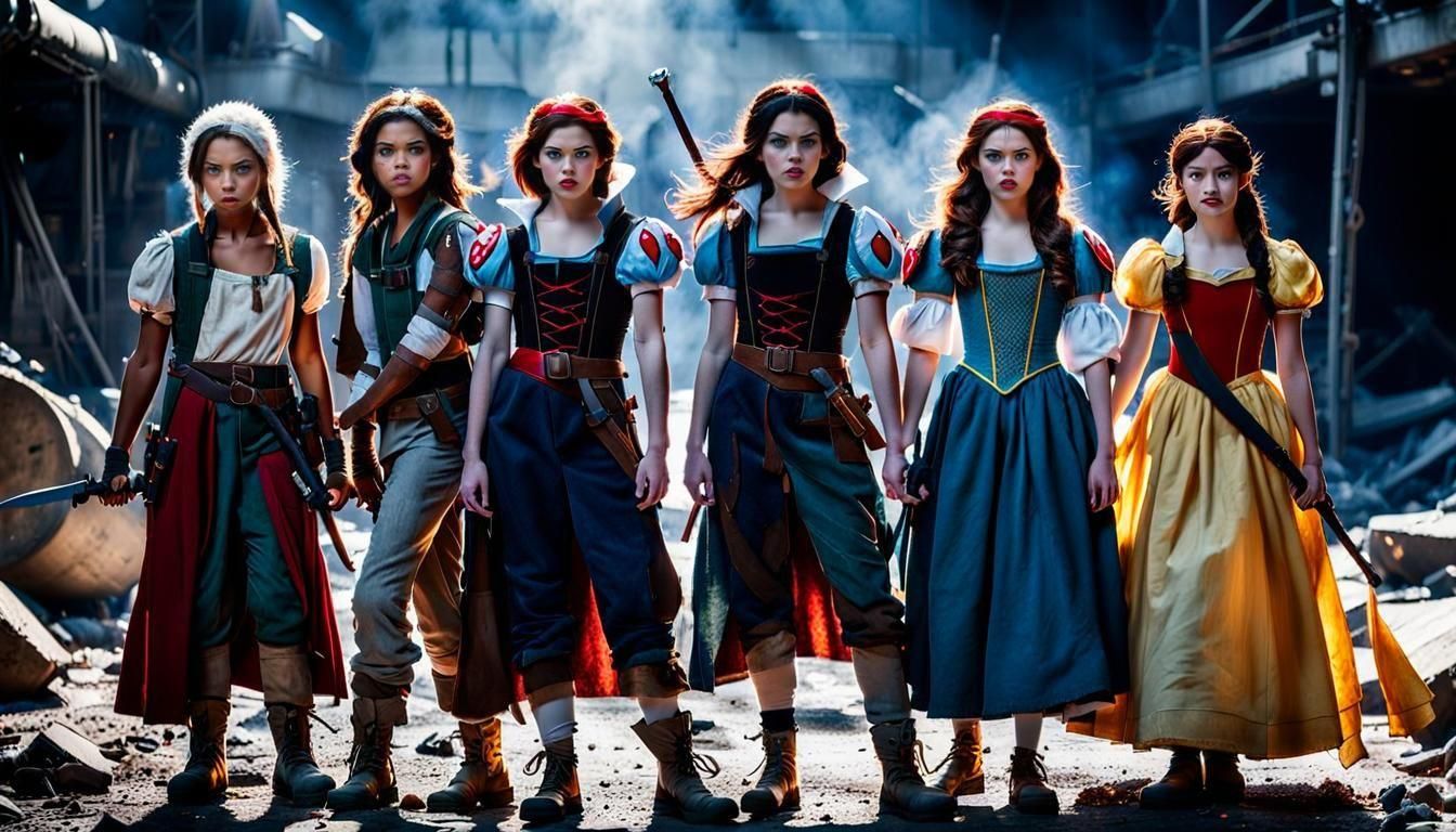 Post Apocalyptic Disney Princesses, Snow White, Belle, Ariel, Briar Rose, Jasmine