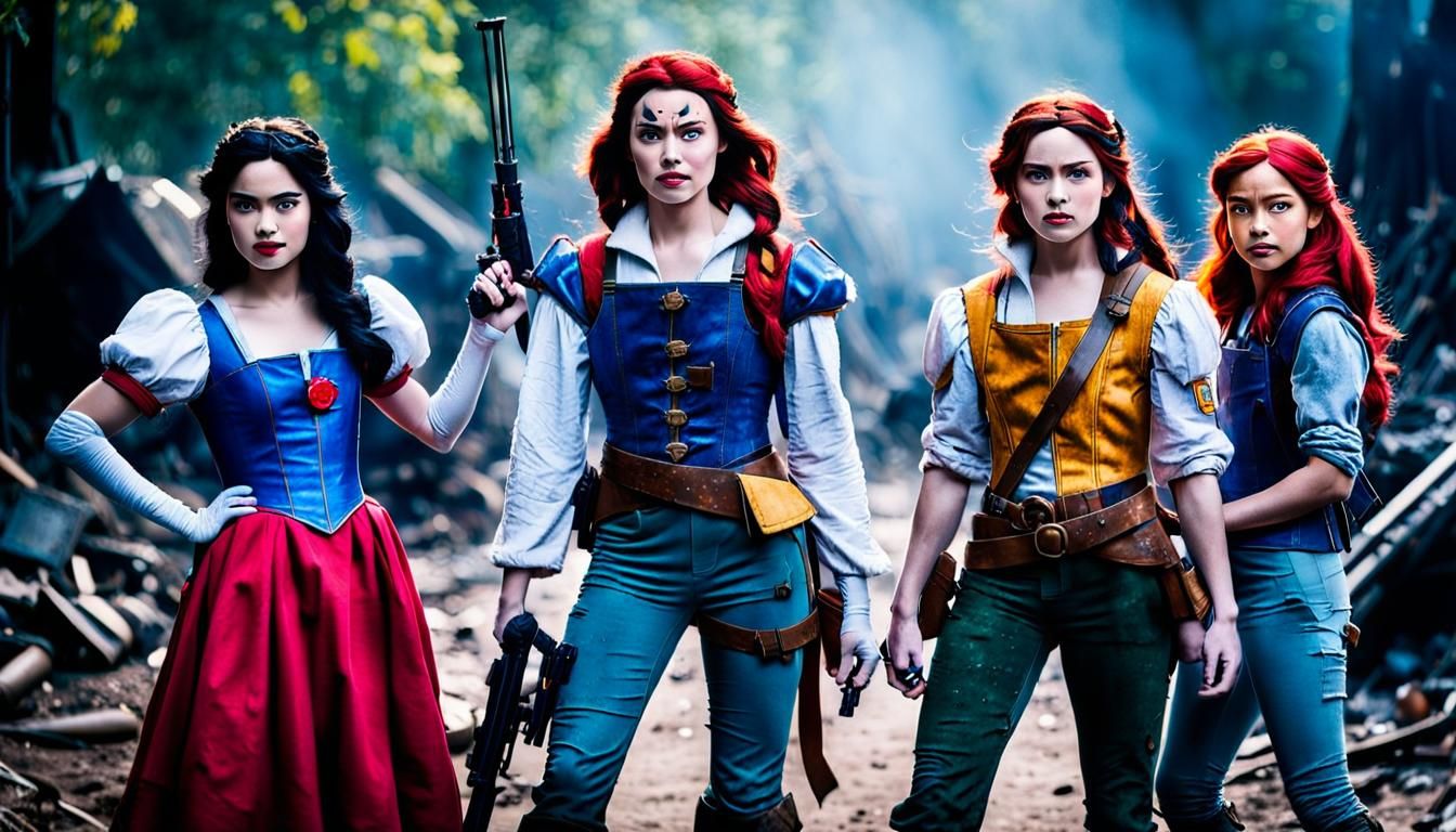 Post Apocalyptic Disney Princesses, Snow White, Belle, Ariel, Briar Rose, Jasmine