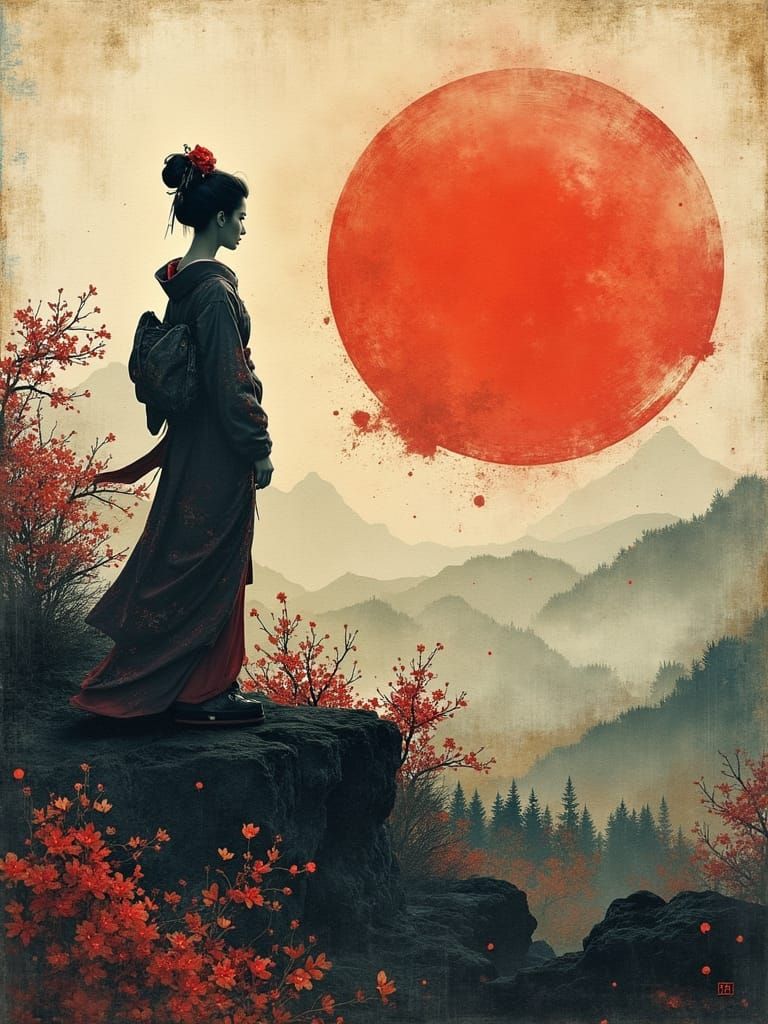 Japanese Geisha in Serene Landscape, Intricate Watercolor on...