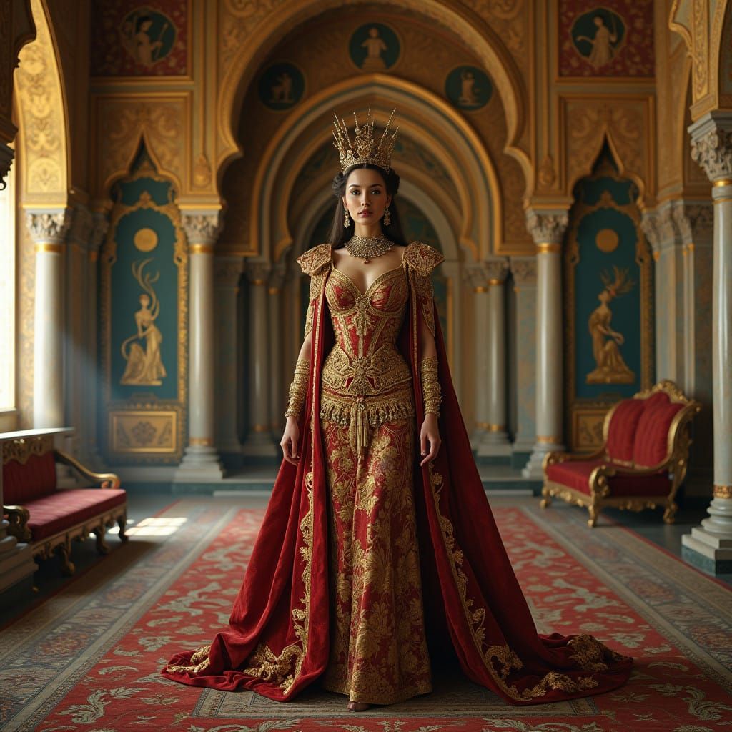 Regal Queen in Opulent Throne Room, Inspired by Klimt and Be...