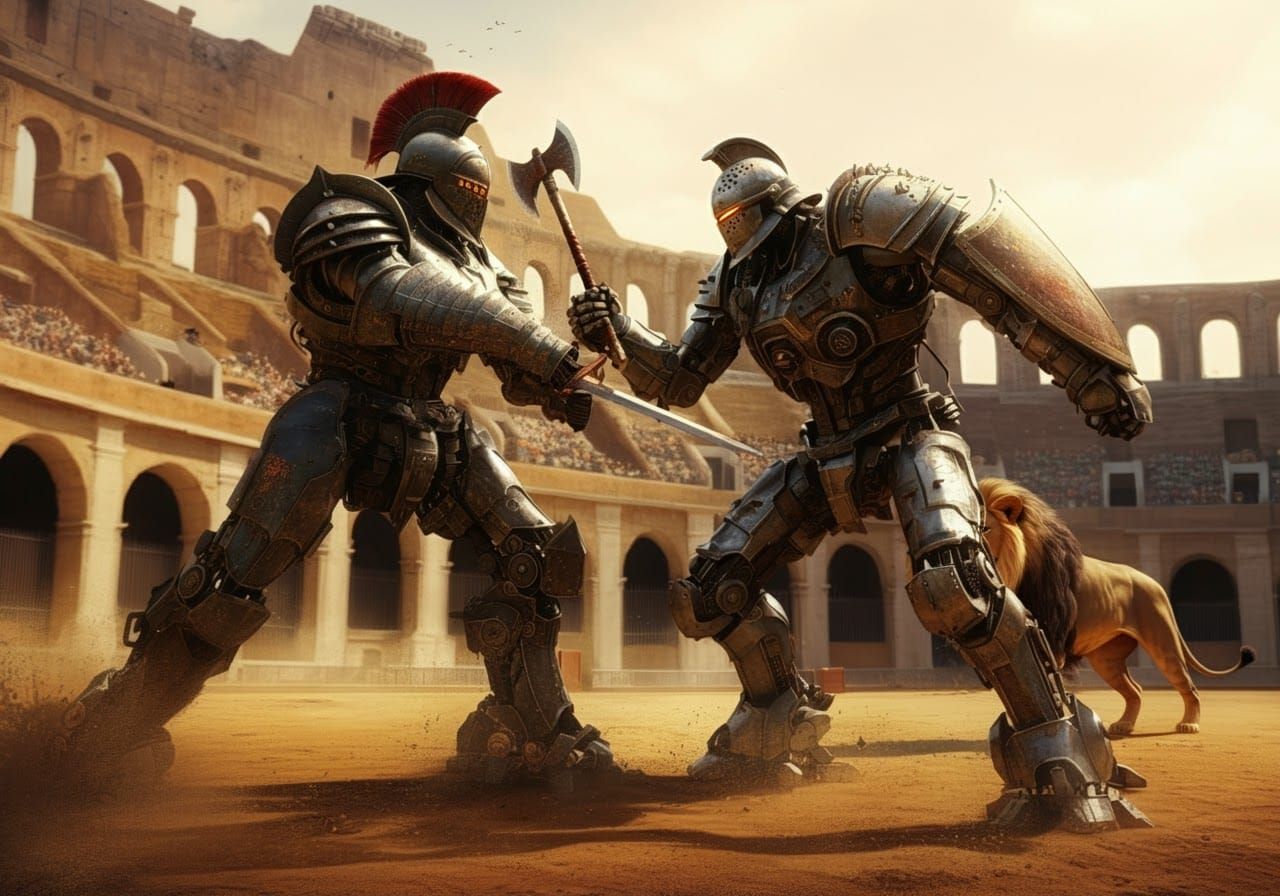 Two mech robot gladiators in the coluseum, both have basic medieval weapons fighting each other, in the background a large lion stalks the a...