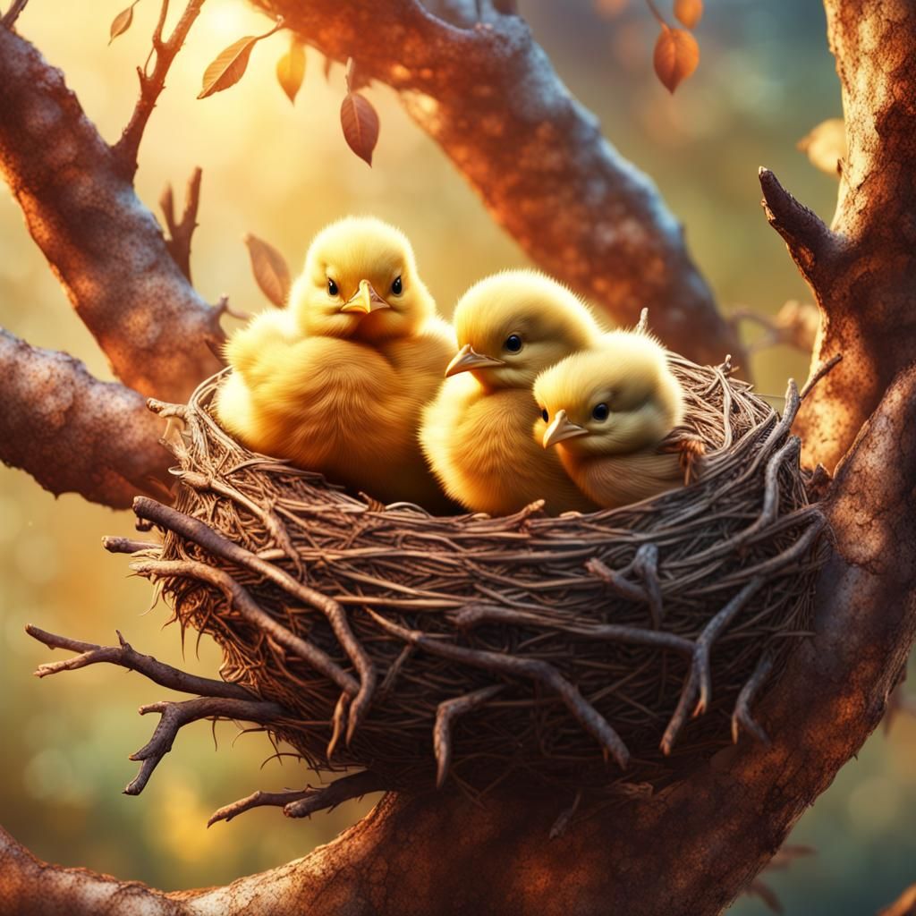 two chicks are sitting in its nest on a tree 3D