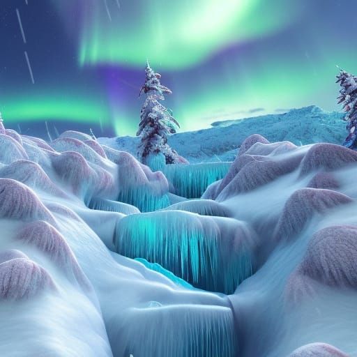 Snowstorm over a valley of frozen multileveled waterfalls, n...