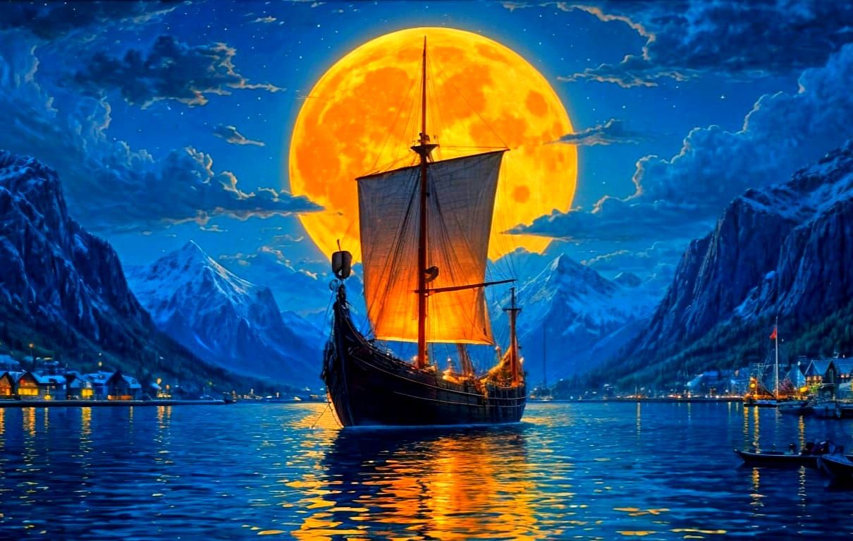 Viking Ship, Sailing Amidst the Fjords  by @Mister