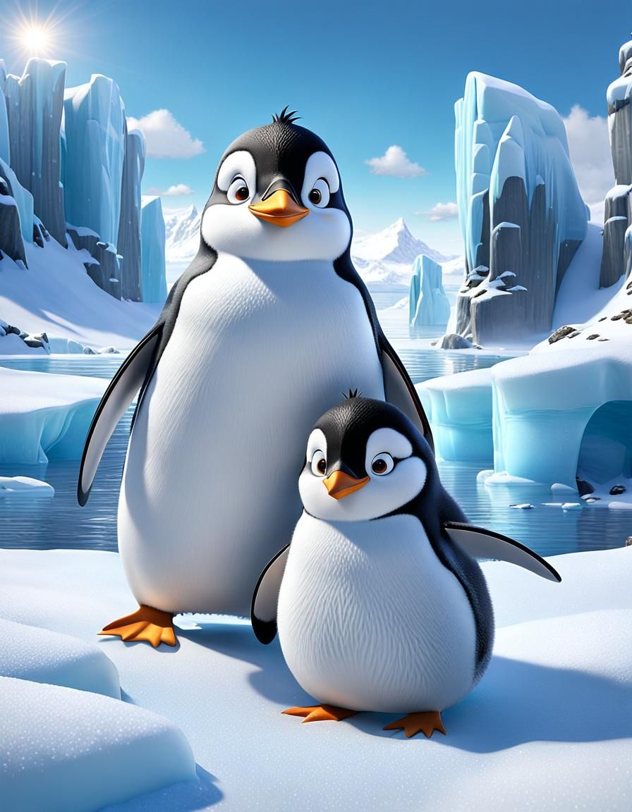 A Pixar 3D interpretation of a penguin family's playful day ...