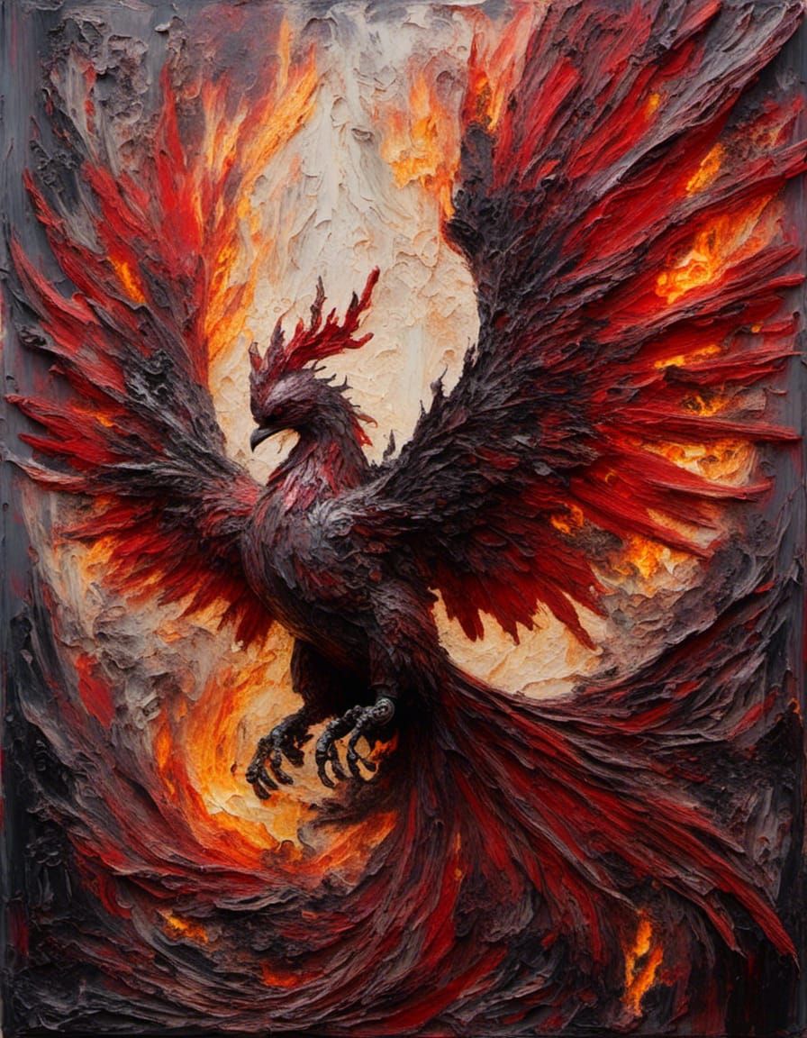 <lora:Impax:1.0>close portrait,  impasto , cracked, oil drippping , Craquelure blazing phoenix bird , thick acrylic ,  Rococo, fantasy stage...