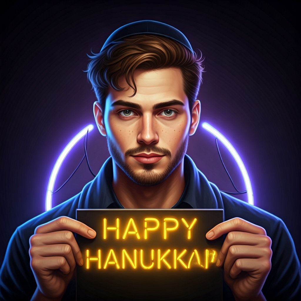 Cyberpunk Neon Sign Reads Happy Hanukkah