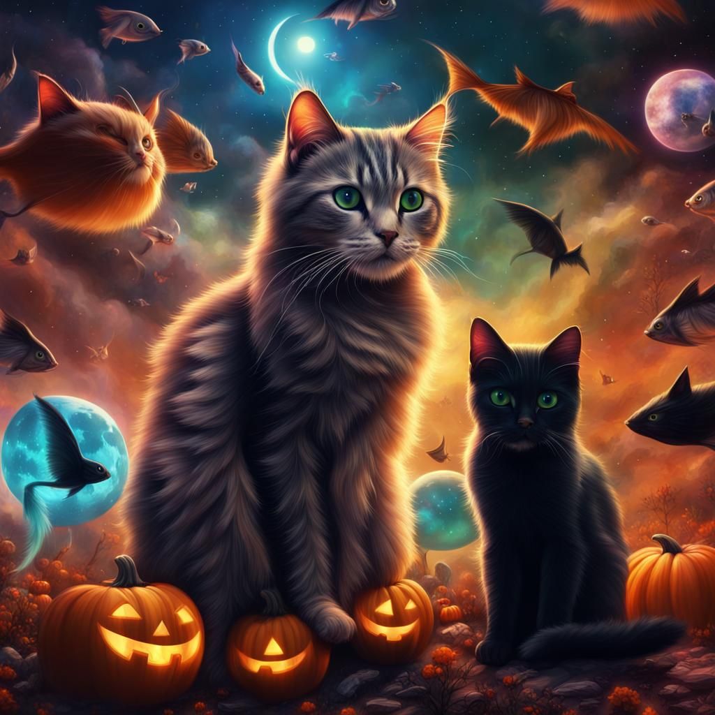 Multicolored galaxy Halloween kitties and fishies